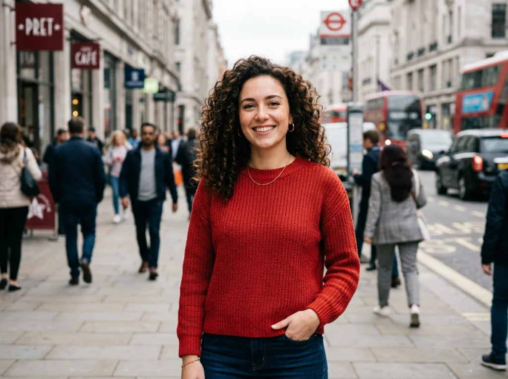 Woman in her 20s with curly hair wearing a red sweater, standing against a busy street background, soft natural light, eye-level medium shot, portrait photography