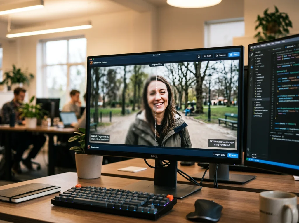 Desktop computer screen showing before and after comparison of blurry photo being enhanced to sharp image, split screen view, modern office setup with dual monitors, overhead lighting, close-up shot of monitor, tech photography