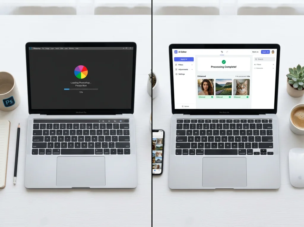 Split-screen view showing laptop with spinning wheel loading Photoshop on left side and smooth web browser interface with AI photo editor processing images quickly on right, overhead view of white desk, even soft lighting, flat lay photography style