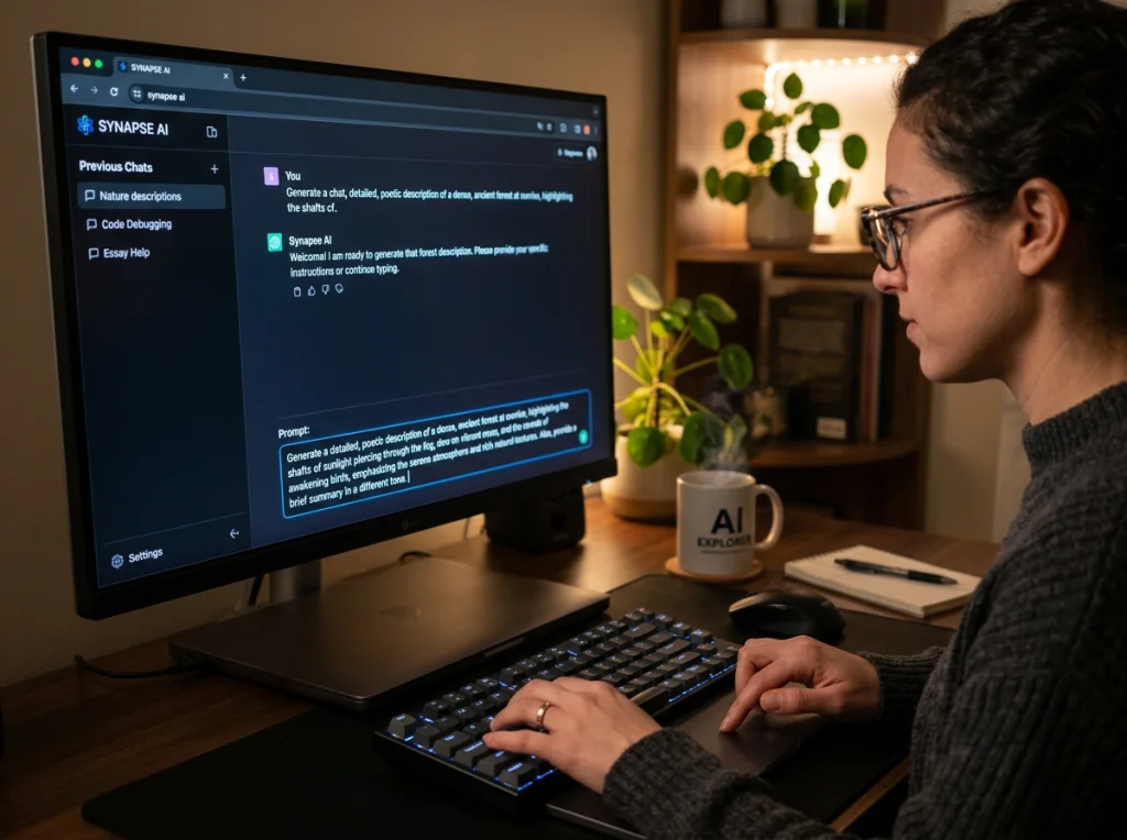 Close-up of computer screen showing AI prompt interface with detailed text input, person