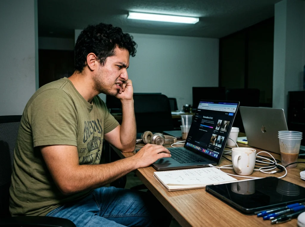Young Hispanic man in casual t-shirt looking frustrated while staring at laptop screen showing AI image generation interface, cluttered desk with multiple devices and coffee cups, harsh fluorescent lighting, medium shot from side angle, documentary style photography