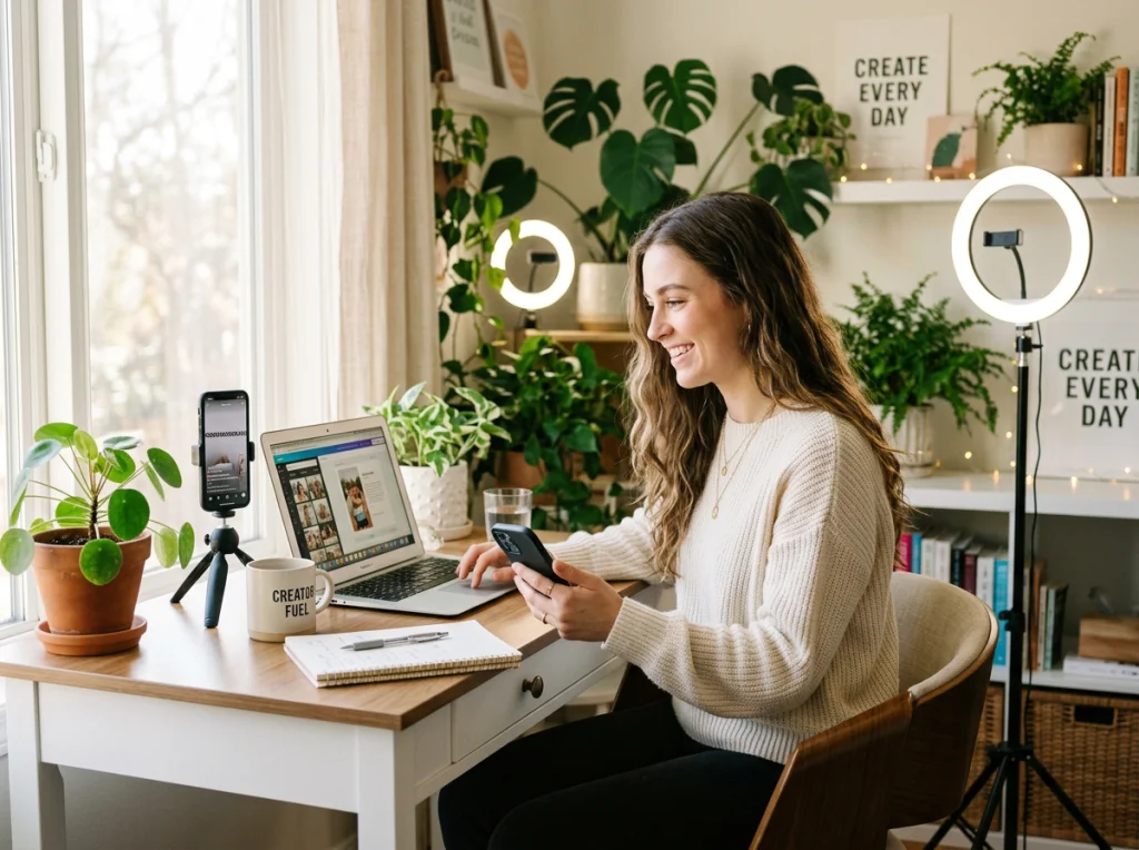 Young female content creator in her 20s with long brown hair, sitting at a white desk with laptop and smartphone, creating social media content, surrounded by ring lights and plants, warm natural lighting from large window, three-quarter angle medium shot, lifestyle photography, bright and airy aesthetic
