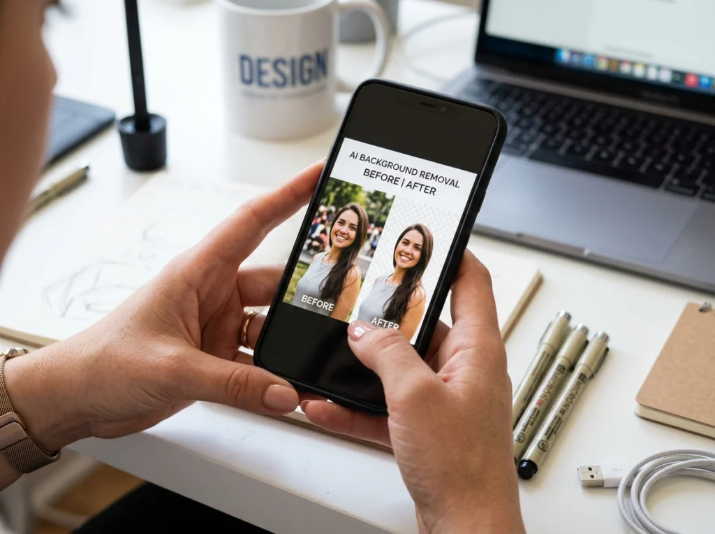 Close-up hands of graphic designer holding smartphone showing before-after comparison of AI background removal, professional manicured nails, white desk surface with design tools scattered around, bright overhead lighting, macro photography, shallow depth of field