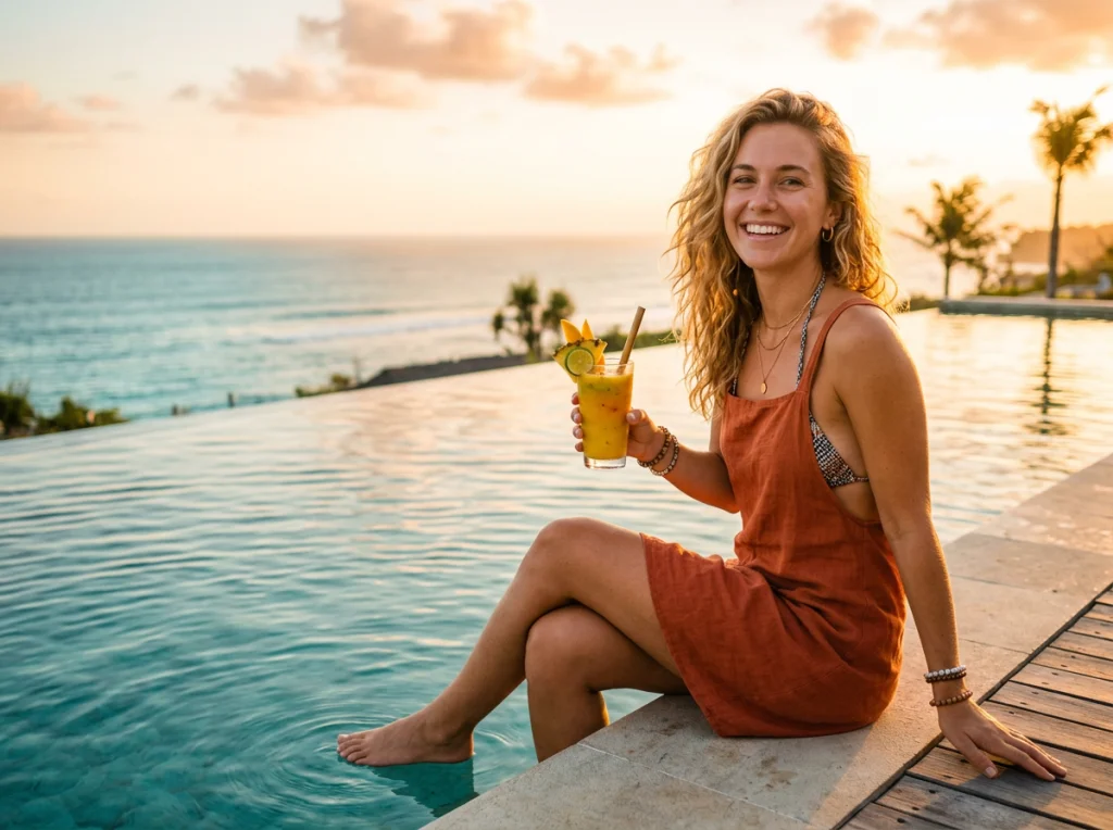 Mujer de unos 20 años con cabello besado por el sol, sosteniendo un batido tropical, sentada al borde de una piscina infinita con vista al océano, iluminación de hora dorada desde atrás, plano medio cerrado, fotografía de estilo de vida con tonos cálidos