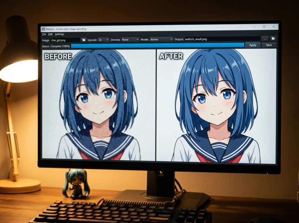 Close-up of computer monitor displaying Waifu2x interface with anime-style illustration being upscaled, split screen showing before and after results, warm desk lamp lighting from the left, straight-on close-up shot, tech photography, crisp focus