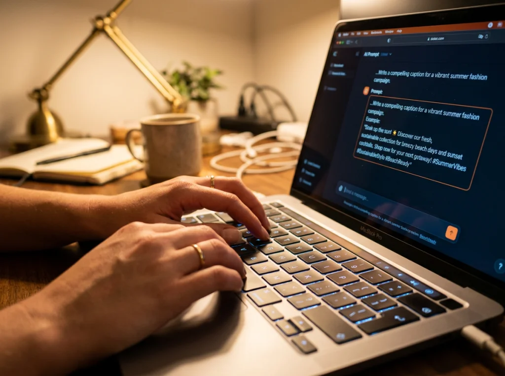 ノートパソコンのキーボードで詳細なAIプロンプトを入力している手のクローズアップ、画面には夏のキャンペーン例のプロンプトインターフェースが表示されている、左上からの暖かいデスクランプの照明、f/2.8でのマクロ撮影、浅い被写界深度の技術写真