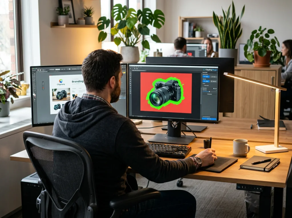 Graphic designer in his 30s working on a desktop computer with dual monitors, one showing Clipping Magic interface with green and red markings on a product image, modern office with plants in background, side lighting from desk lamp, medium shot from behind, professional workplace photography