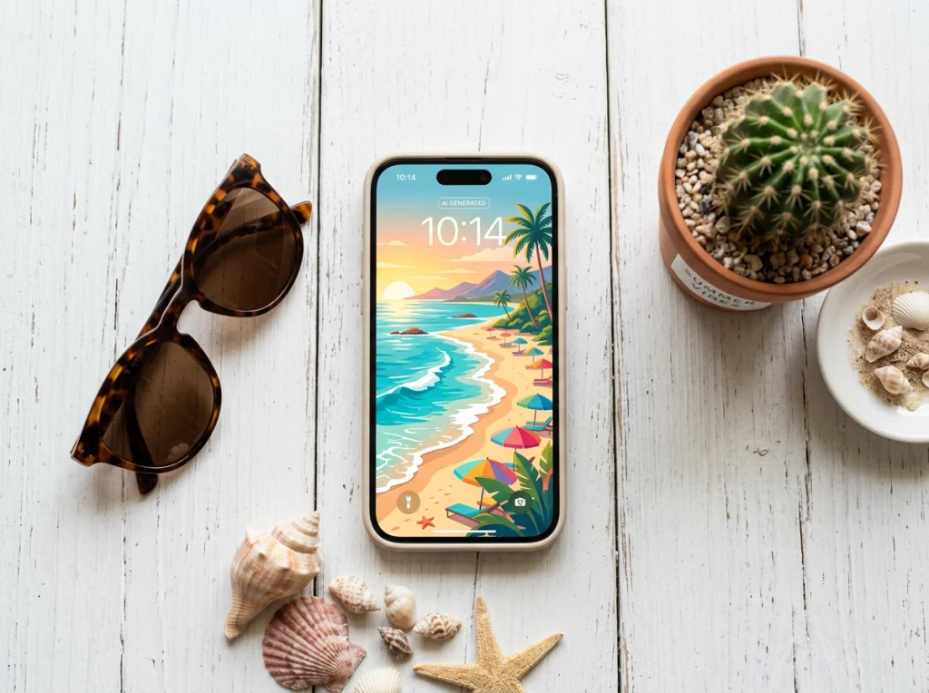 Overhead flat-lay of a smartphone displaying a colorful AI-generated summer image, surrounded by sunglasses, seashells, and a small cactus on a white wooden desk, soft diffused lighting from a window, flat-lay photography, minimal aesthetic, shallow depth of field