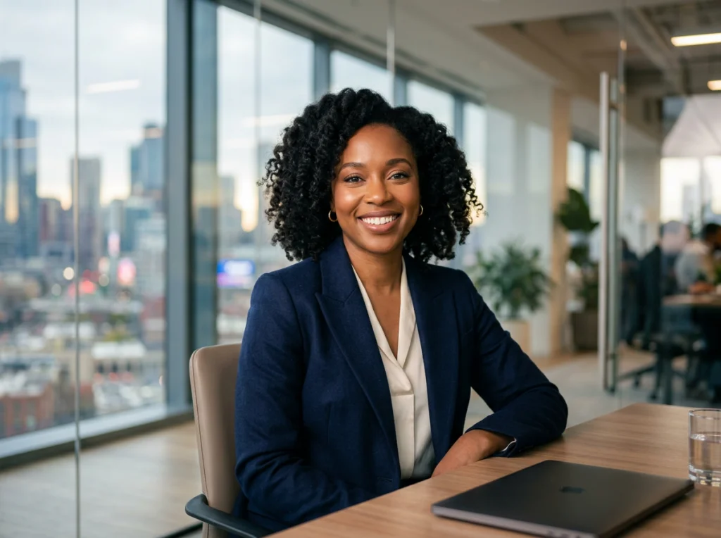 Professional woman in her 30s with curly black hair wearing a navy blazer, warm genuine smile, sitting in a modern conference room with glass walls and city view, soft diffused office lighting from multiple sources, head-and-shoulders portrait at eye level, corporate headshot style, shallow depth of field with blurred background