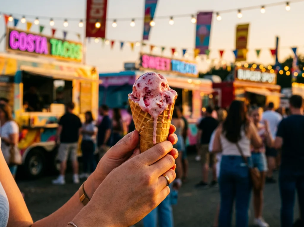 Close-up of hands holding a melting strawberry ice cream cone against a background of colorful food truck festival with string lights and people, warm golden hour lighting from the side, shallow depth of field at f/1.8, food photography, vibrant summer colors