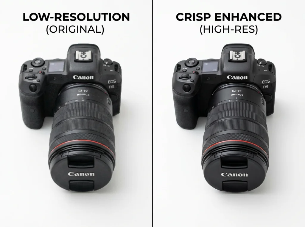 Split screen comparison showing pixelated low-resolution photo on left and crisp enhanced version on right, clean white background, overhead flat lay angle, studio lighting, product photography style