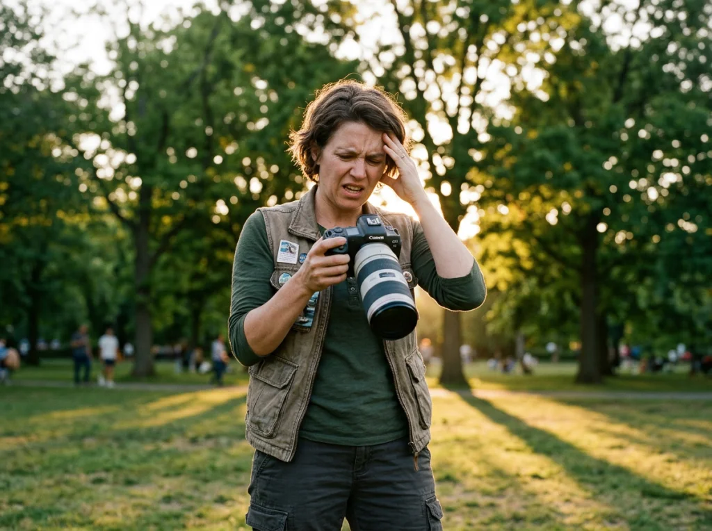 Frustrated photographer in their 30s looking at blurry photos on camera LCD screen, outdoor park setting with green trees background, golden hour lighting from behind, medium shot at eye level, documentary photography style
