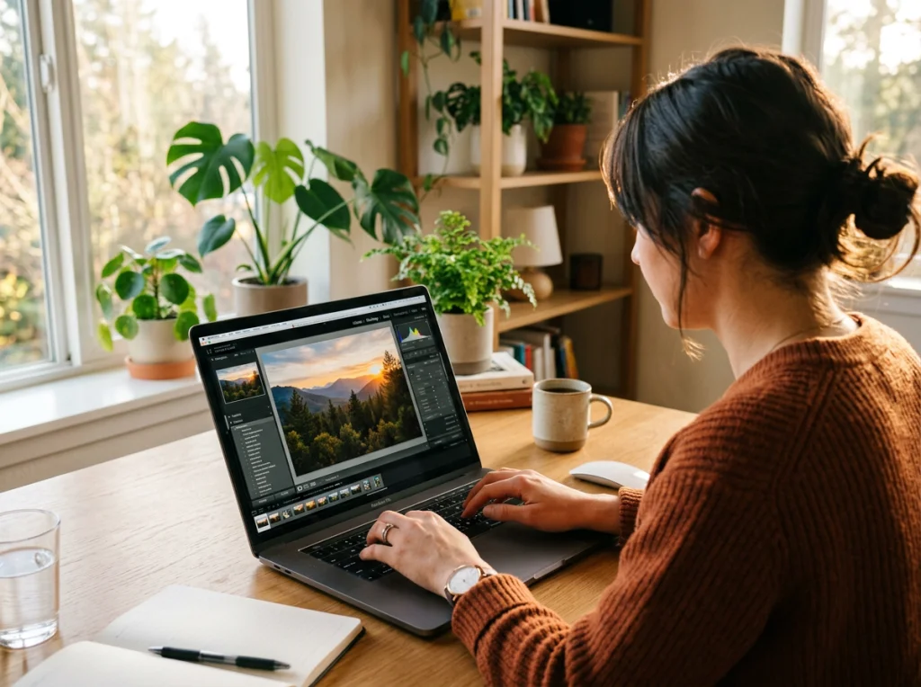 Person using laptop showing photo enhancement interface, hands typing on keyboard, modern workspace with plants in background, warm afternoon lighting from window, over-shoulder shot, lifestyle photography