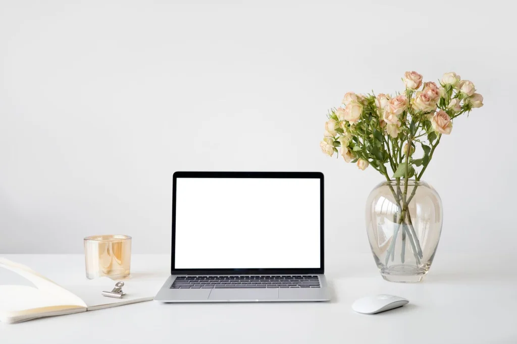 Laptop screen showing Canva background remover interface with a product photo being edited, woman
