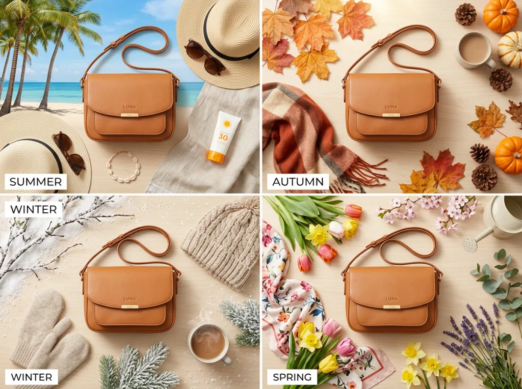 Collage showing the same handbag styled for different seasons, top left shows summer beach setting with palm trees, top right shows autumn leaves and warm lighting, bottom left shows winter snow scene, bottom right shows spring flowers, each maintaining consistent product lighting and brand aesthetic, flat lay composition with even lighting, commercial seasonal marketing photography