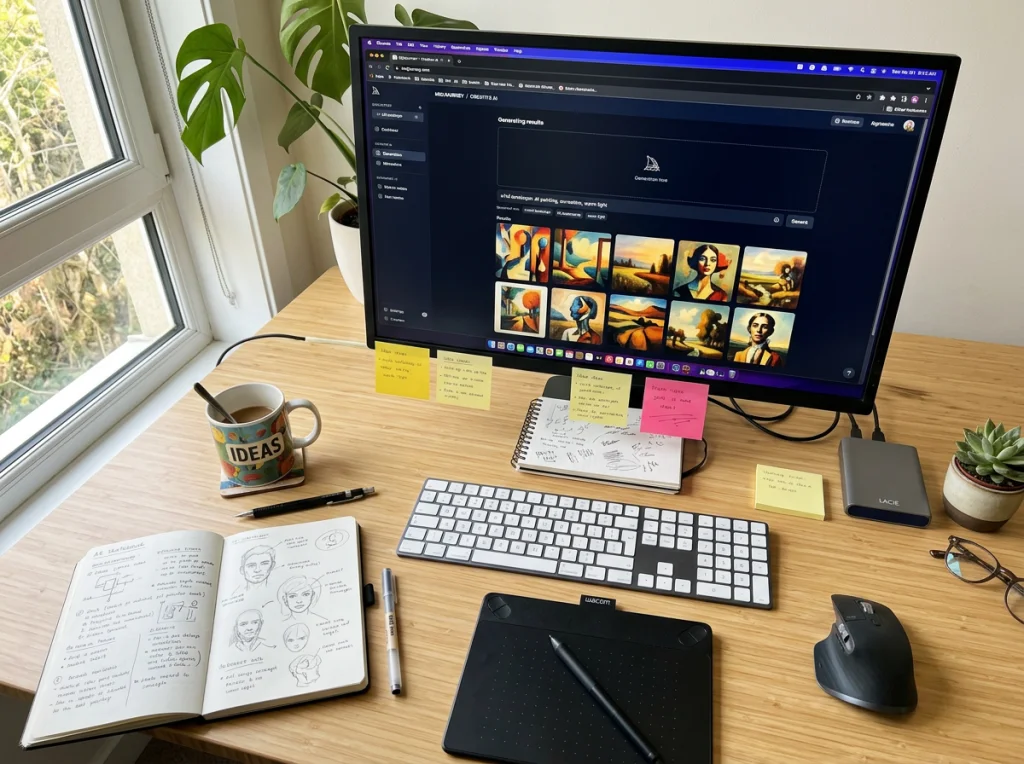 Creative workspace showing a desktop computer with AI image generation interface open, multiple thumbnail variations displayed on screen, surrounded by notes and sketches, natural daylight from large window, overhead flat-lay view, digital workspace photography, everything in sharp focus