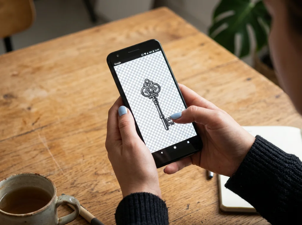 Close-up shot of hands holding a smartphone displaying a transparent PNG image with checkered background pattern, wooden desk surface visible, soft studio lighting from above, product photography style, crisp focus