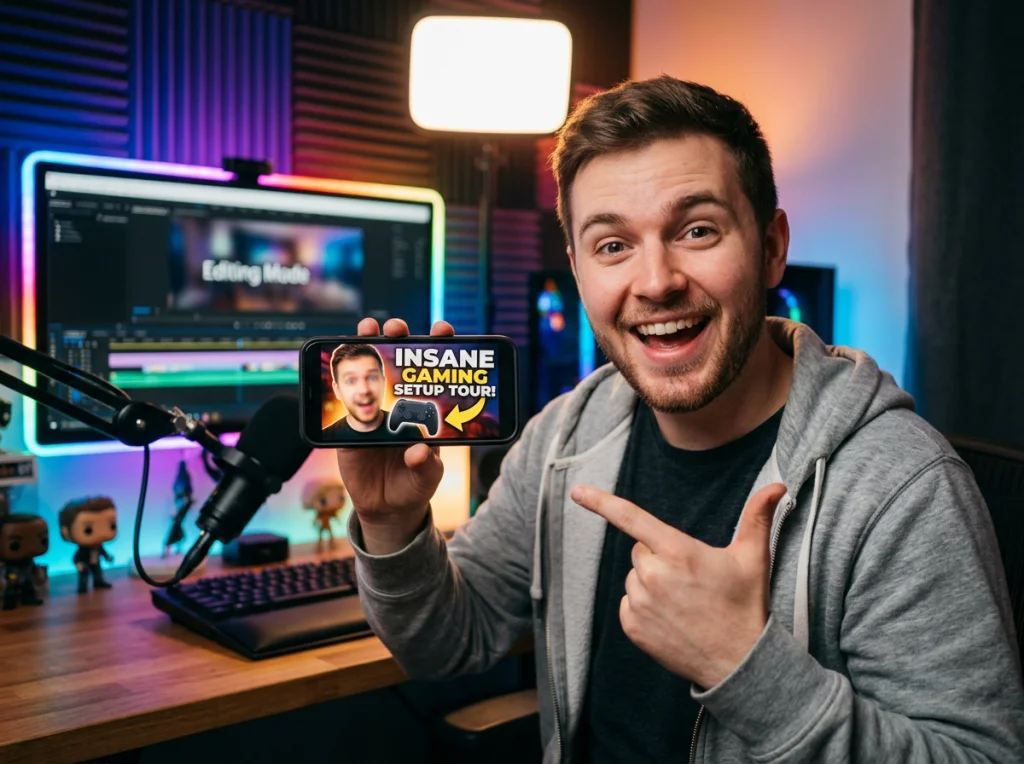 Young male YouTuber in his 20s with excited expression, holding a smartphone showing a custom thumbnail, sitting in a modern home studio with RGB lighting in the background, soft LED panel light from above, medium shot at eye level, content creator lifestyle photography, shallow depth of field