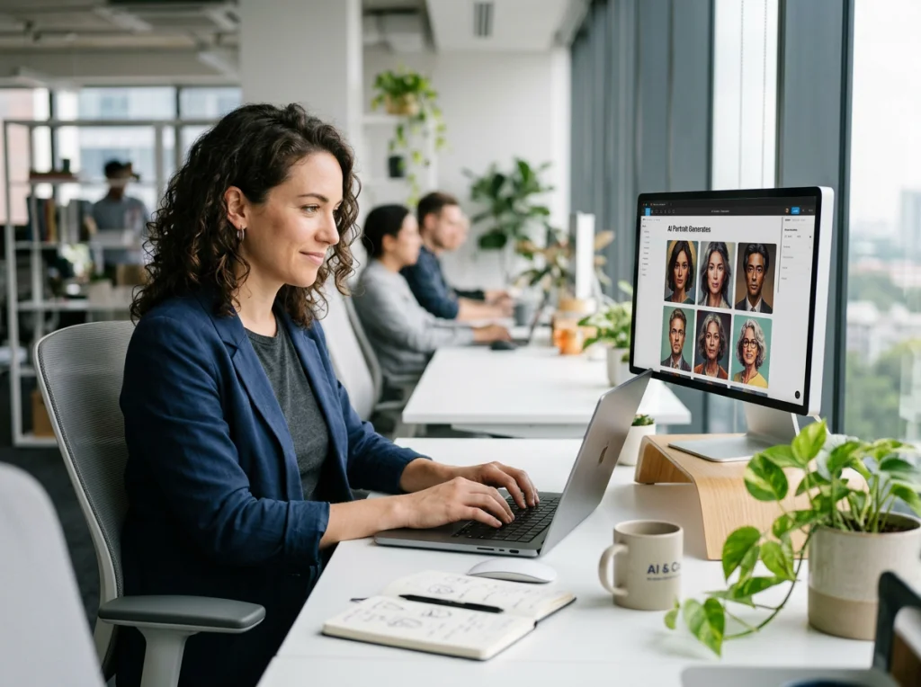 Woman in her 30s with curly brown hair in casual blazer, typing on laptop with multiple AI-generated portraits displayed on screen, sitting at modern white desk in bright office, soft natural lighting from large window, eye-level medium shot, professional photography style