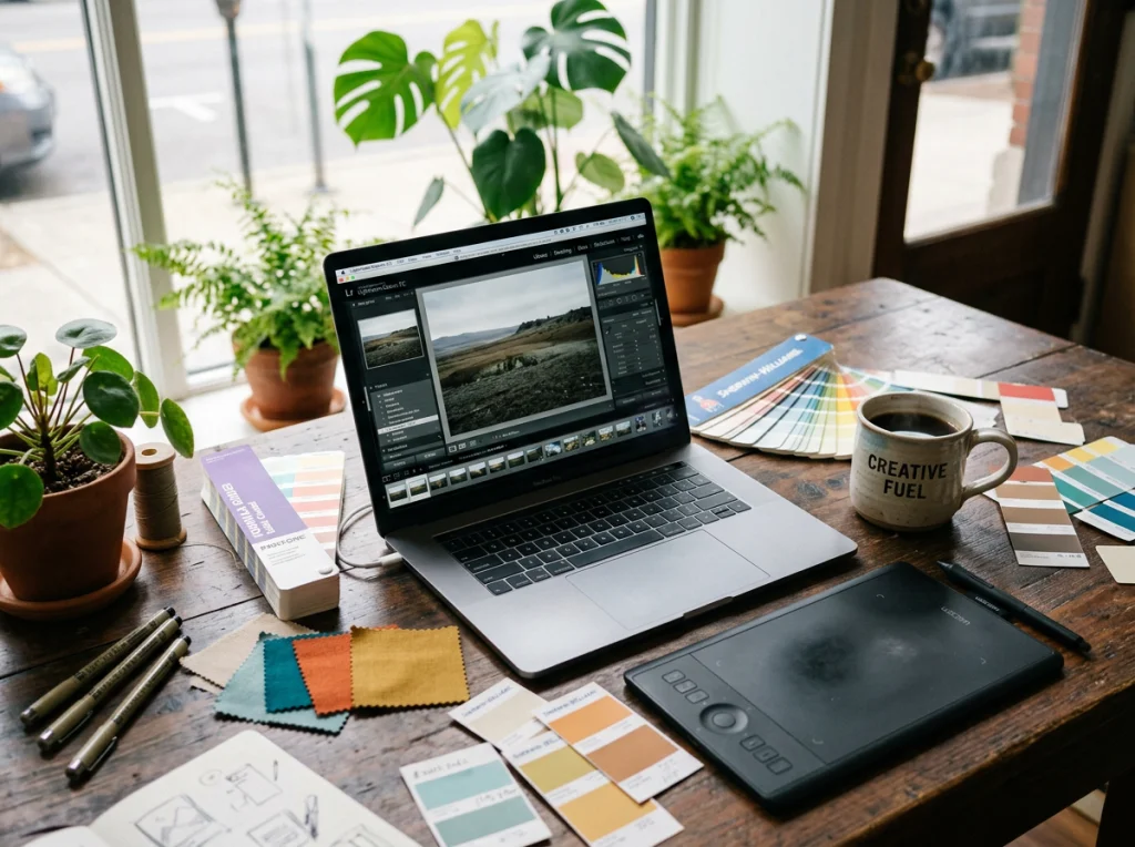 Creative workspace with laptop displaying photo editing software, coffee cup, graphic tablet, color swatches scattered on wooden desk, natural window light from left, close-up at f/2.8, creative lifestyle photography