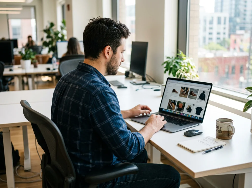 Entrepreneur e-commerce dans la fin de la vingtaine, cheveux foncés, chemise décontractée à boutons, examinant des photos de produits sur un MacBook à un bureau blanc moderne avec une tasse de café, lumière naturelle venant de la droite, plan moyen par-dessus l'épaule, photographie lifestyle, faible profondeur de champ