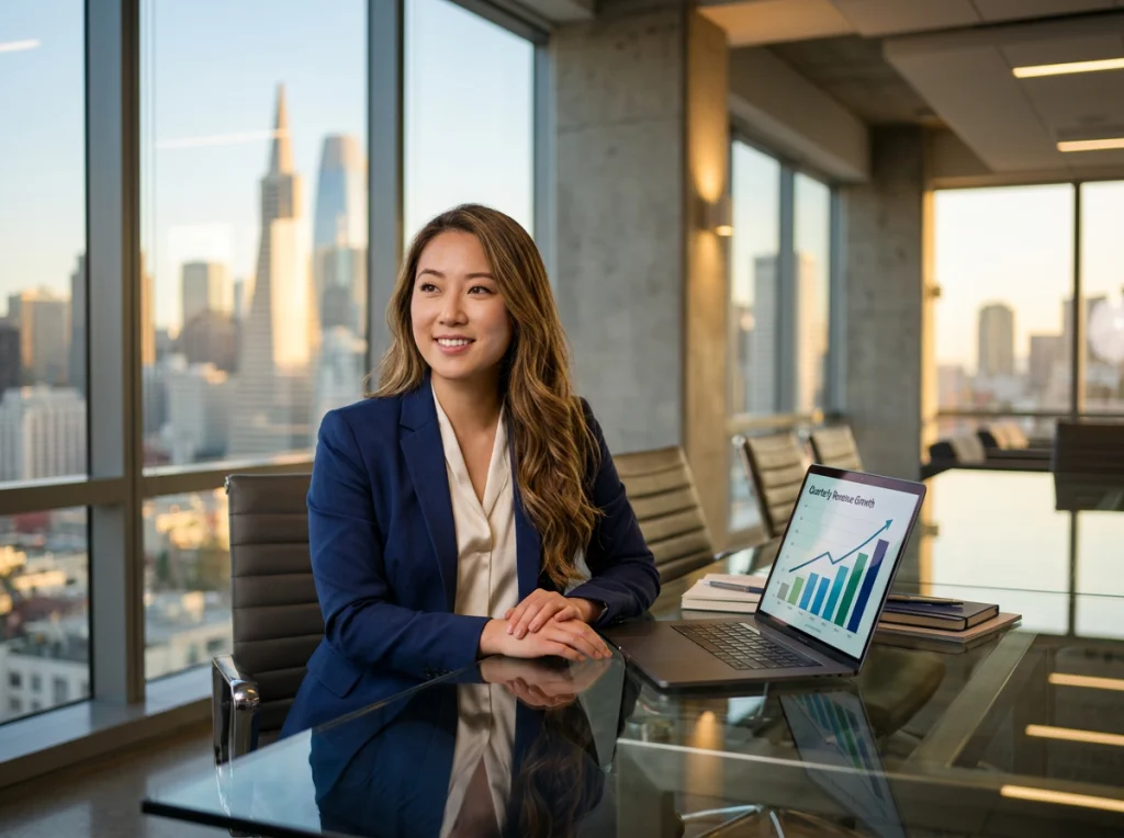 Successful startup founder woman in her 20s with long brown hair, wearing modern business attire, sitting confidently at glass conference table with laptop showing financial growth charts, city skyline visible through floor-to-ceiling windows, golden hour lighting, medium shot portrait, executive photography style, professional depth of field