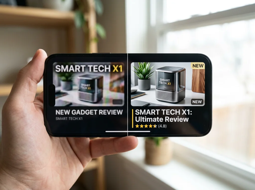 Split screen comparison showing blurry AI-generated thumbnail on left versus crisp professional thumbnail on right, both displayed on smartphone screen, soft natural lighting from window, straight-on close-up shot, tech product photography style