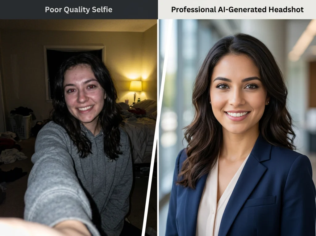 Split screen comparison showing poor quality selfie on left versus professional AI-generated headshot on right, both of same person, demonstrating quality difference in lighting and composition