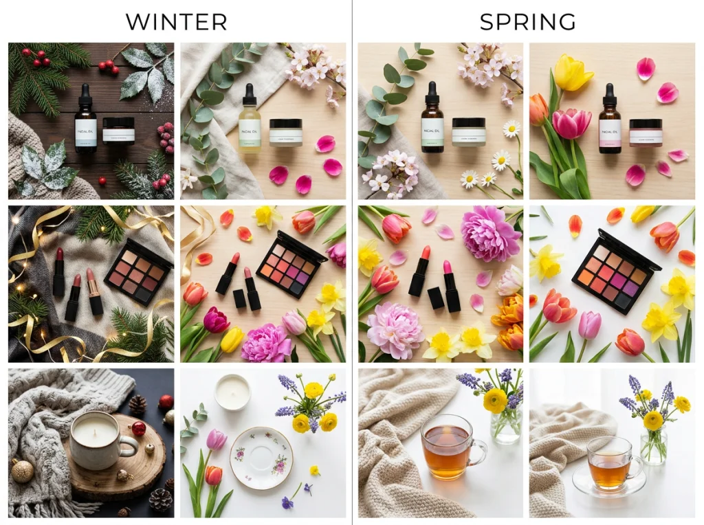 Before and after grid showing 6 product photos transformed from winter to spring themes, featuring cosmetics and home goods with seasonal backgrounds, bright natural lighting, flat lay composition, commercial product photography, vibrant spring colors