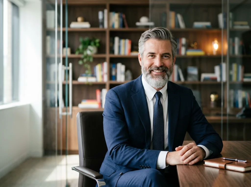 Professional businessman in his 40s with salt-and-pepper beard, wearing navy suit and white shirt, confident smile, sitting in modern office with bookshelf background, soft studio lighting from left, eye-level medium shot, editorial portrait, shallow depth of field