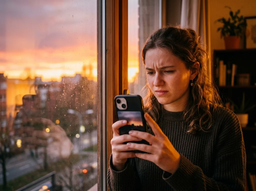 Person in their 20s holding iPhone capturing a blurry photo of a sunset through apartment window, frustrated expression, warm evening light from behind, close-up shot at f/2.8, lifestyle photography, shallow depth of field