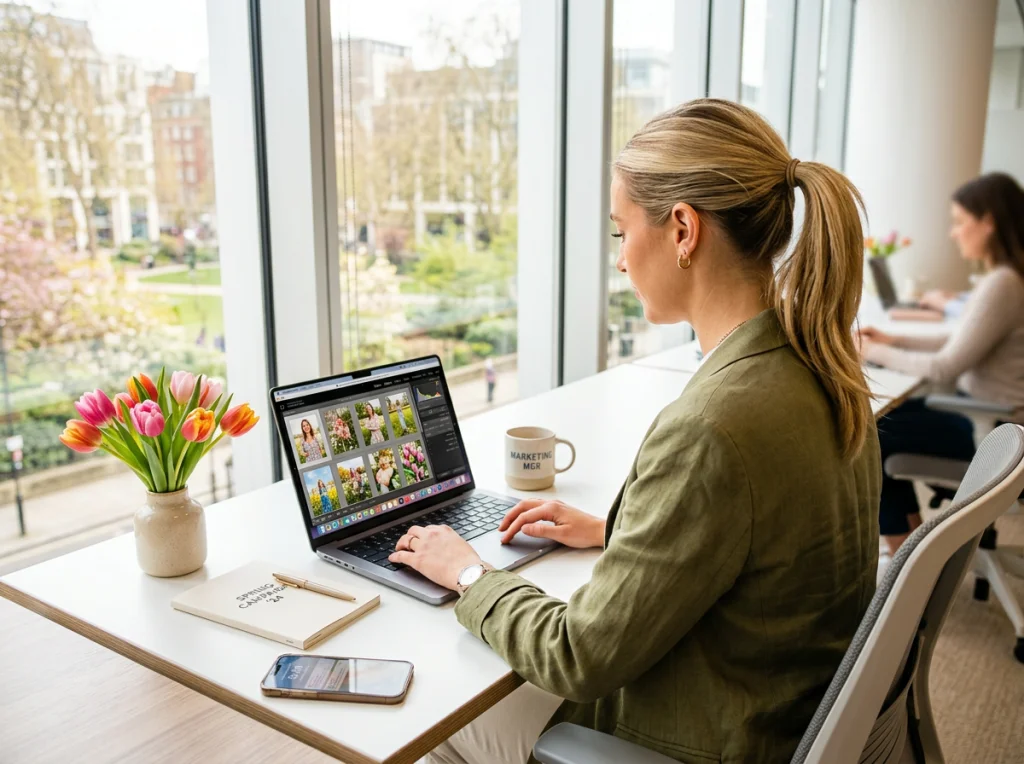 Marketing manager in her late 20s with blonde hair in a ponytail, editing spring campaign photos on a MacBook at a bright white desk with fresh tulips, soft natural light from large windows, over-shoulder medium shot, lifestyle photography, vibrant colors