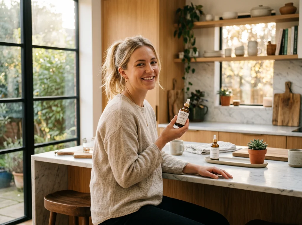 Woman in her late 20s with blonde hair in ponytail, holding skincare product bottle, sitting in modern kitchen with marble countertops, warm afternoon light from large window, medium shot from slight angle, authentic lifestyle photography