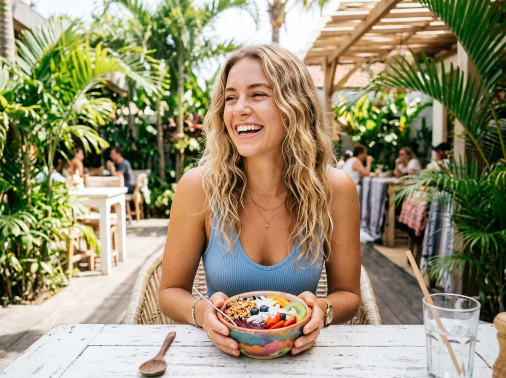 Young woman in her 20s with wavy blonde hair, wearing a light blue tank top, laughing while holding a colorful smoothie bowl, sitting at a white cafe table with palm plants in the background, bright natural sunlight from overhead, medium shot at eye level, lifestyle photography, vibrant colors