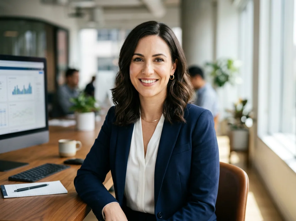 Professional woman in her 30s with dark brown shoulder-length hair, navy blazer over white blouse, confident smile, sitting at modern office desk with computer monitor in background, soft window light from right side, headshot at eye level, corporate portrait style with shallow depth of field