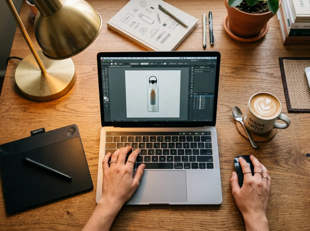 Close-up hands of graphic designer using laptop, product photo with transparent background visible on screen, workspace with graphics tablet and coffee, warm desk lamp lighting, overhead flat lay perspective, editorial workspace photography