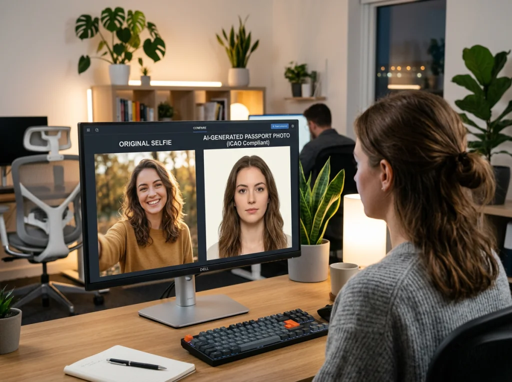 Before and after comparison showing original selfie photo on left and AI-generated passport photo on right, displayed on computer monitor screen, modern office setting with plants in background, soft LED desk lighting, over-shoulder perspective, tech photography