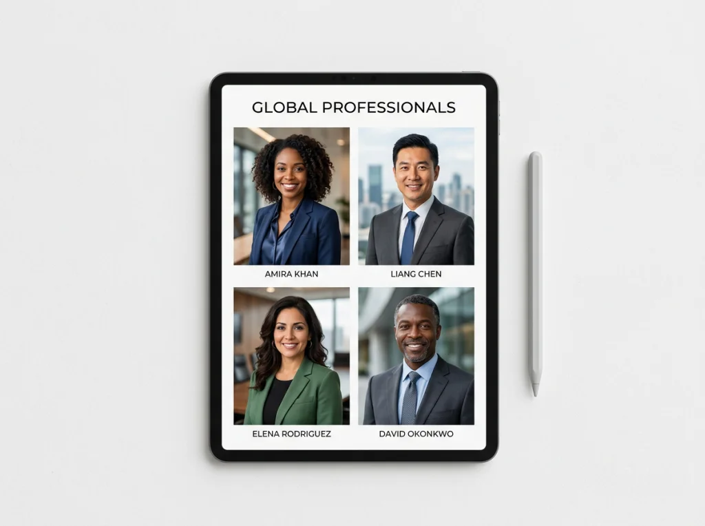 Professional headshots grid showing 4 different AI-generated portraits of diverse people in business attire, displayed on modern tablet screen, clean white background with soft studio lighting, flat lay photography angle, commercial photography style