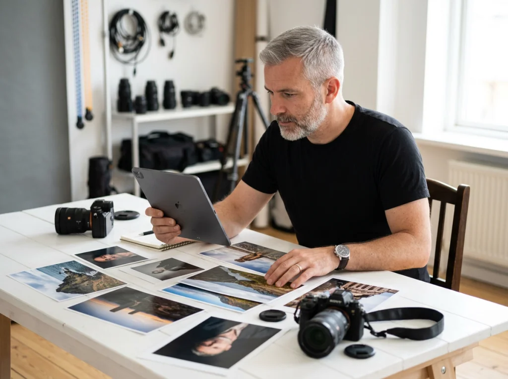 Professional photographer in his 40s with short gray beard, wearing black t-shirt, comparing AI-generated images on a tablet and printed photos spread across a white table, natural window light from the right, eye-level medium shot, commercial photography, sharp focus