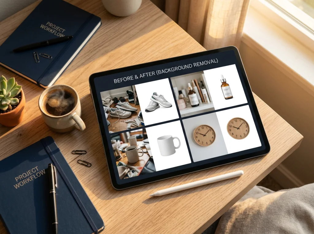 Before and after comparison grid showing 4 different product photos with backgrounds removed, displayed on modern tablet screen, designer workspace with coffee and notebook, golden hour lighting, angled overhead view, editorial product photography