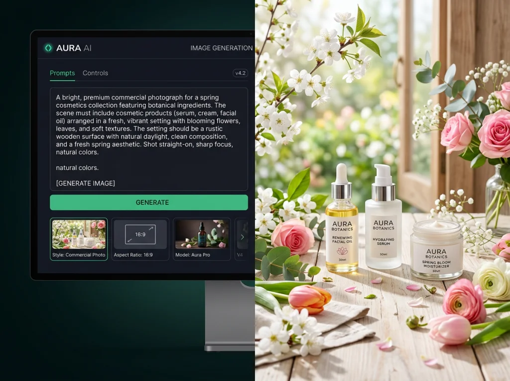 Split-screen showing AI prompt interface on left and generated spring marketing scene on right with cosmetic products arranged in bright botanical setting, clean studio lighting, straight-on composition, commercial photography, fresh spring aesthetic