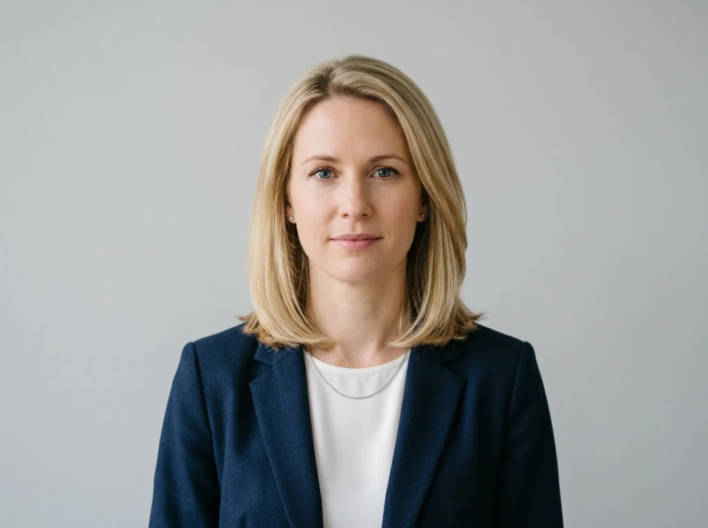 Woman in her 30s with shoulder-length blonde hair, wearing navy blazer, neutral expression looking straight ahead, plain light gray background, soft even lighting, headshot composition, professional ID photo style