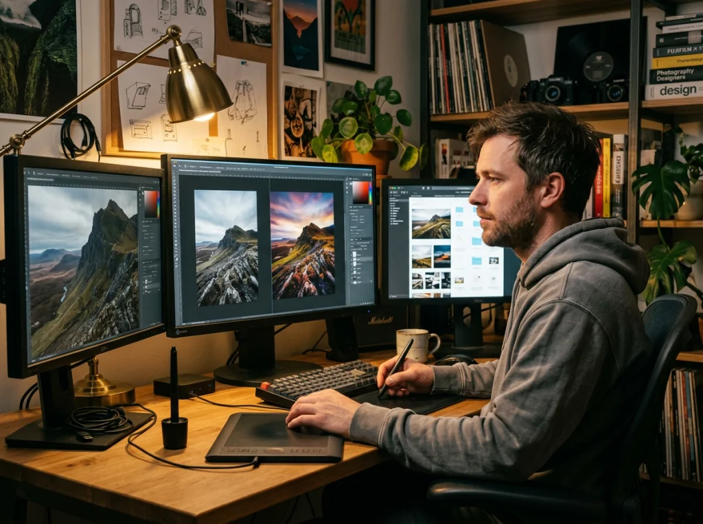 Graphic designer in his early 30s, casual grey hoodie, thoughtful expression, working on complex image editing with multiple monitors showing before/after comparison, warm desk lamp lighting, side angle medium shot, creative workspace aesthetic