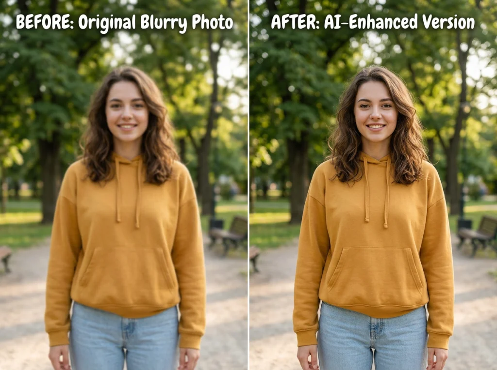 Split screen comparison showing blurry smartphone photo on left and AI-enhanced version on right, both showing young woman in casual clothes outdoors, natural daylight, straight-on view, before-and-after product photography style