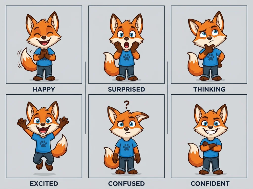 Grid layout showing the same cartoon mascot character displaying six different expressions - happy, surprised, thinking, excited, confused, and confident, each in a separate square frame against a light gray background, even studio lighting, overhead flat-lay photography, character design reference sheet