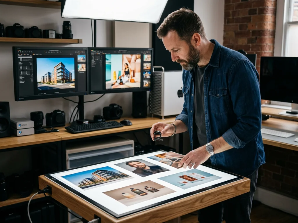 Photographer in their 40s with beard wearing denim shirt, comparing multiple photo prints on light table, professional photo editing studio with calibrated monitors, soft overhead lighting, medium shot from side angle, commercial photography, clean aesthetic