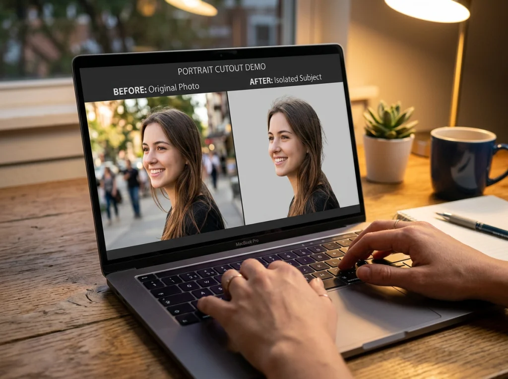 Split screen comparison showing original portrait photo on left and perfectly cut out subject on right, displayed on a modern laptop screen, hands typing on keyboard, warm desk lighting, close-up shot showing screen details, before and after photography demonstration