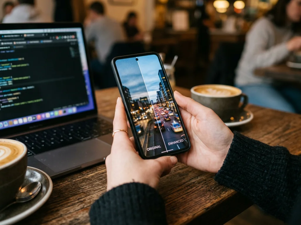 Close-up of hands holding smartphone showing split-screen comparison of blurry original photo and enhanced sharp version, sitting at modern coffee shop table with laptop partially visible, warm ambient lighting, macro shot at f/1.8, lifestyle photography