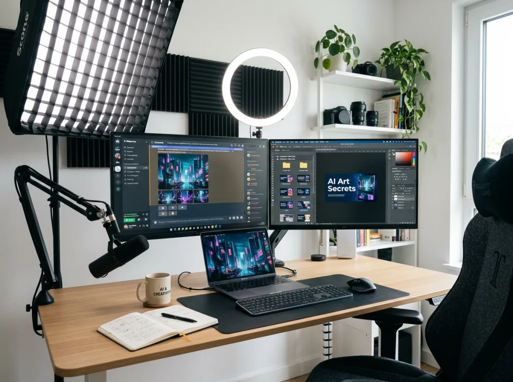 Content creator workspace with multiple monitors showing AI image generation tools, organized folders of thumbnail templates, professional lighting setup, clean minimal desk, eye-level wide shot, modern productivity photography