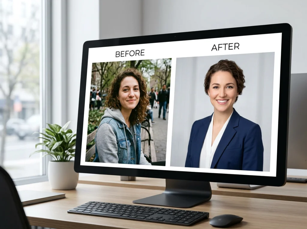 Before and after transformation showing person in casual clothes on left becoming professional headshot with clean background on right, displayed as side-by-side comparison on large monitor, modern office environment, natural window lighting, eye-level medium shot, commercial photography, balanced exposure